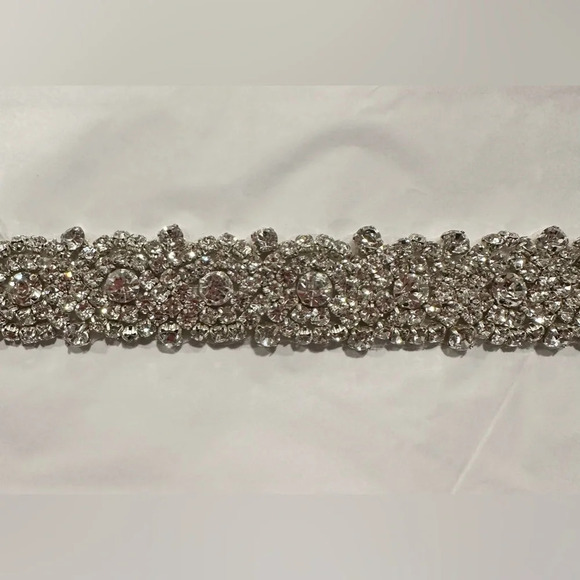 NWT Davids Bridal Wedding Dress Belt Slim Crystal Patterned Sash with Ribbon Tie - Picture 2 of 9